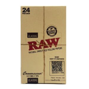 RAW Classic Connosseur Natural Unrefined Rolling Papers 1.25 size & Tips
